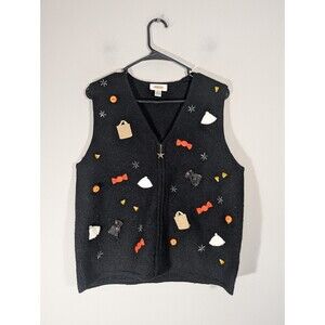 Talbots Womens Black Halloween Full Zip Wool Vest Sz L Vintage Gothic Witchy Art